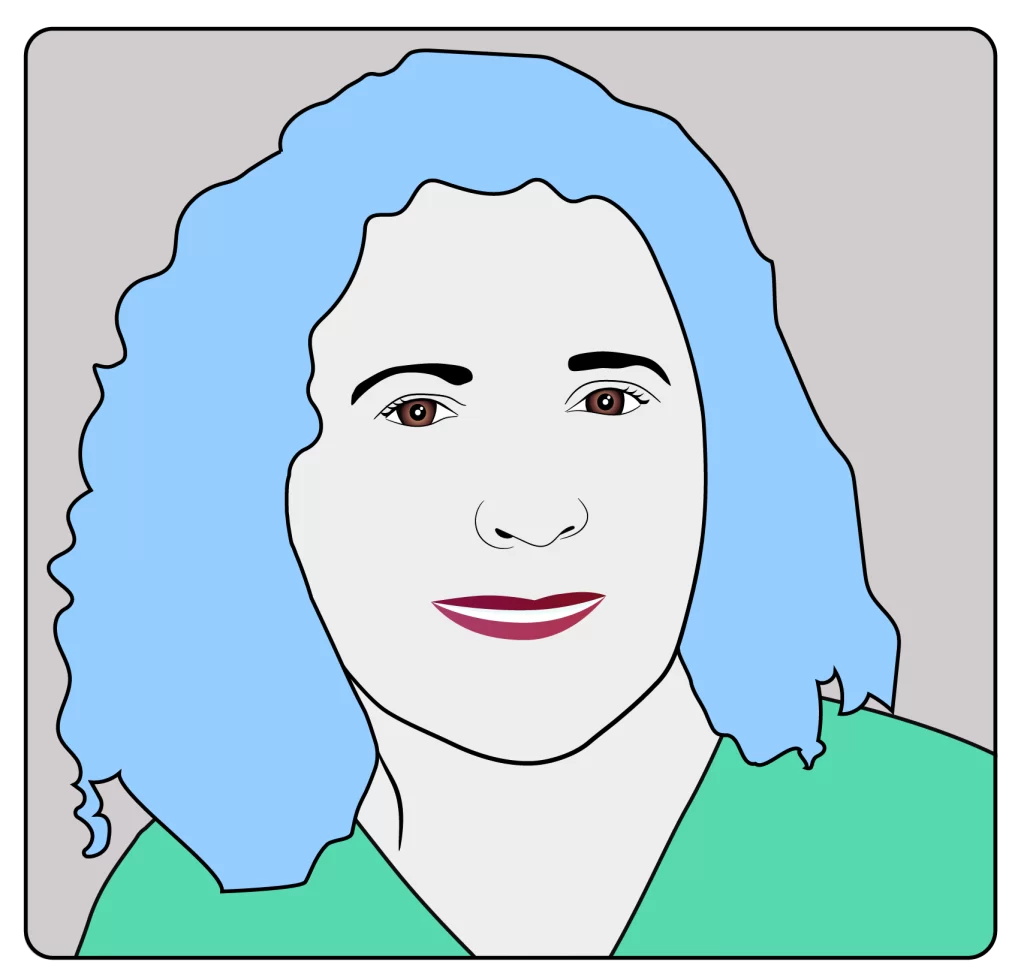 Notre équipe, portrait de Sonia illustré avec cheveux frisés bleus et pull vert