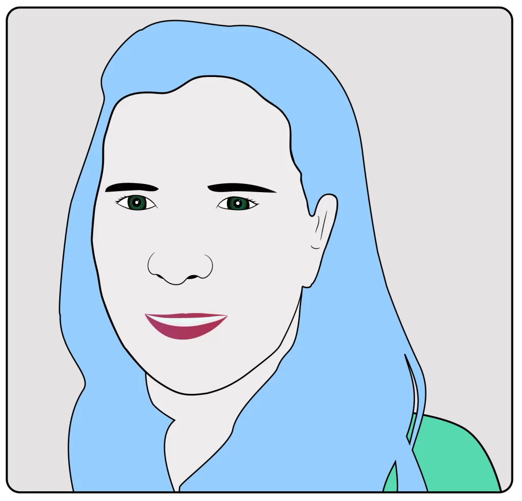 Notre équipe, portrait de Laetitia illustré avec longs cheveux raides bleus et pull vert